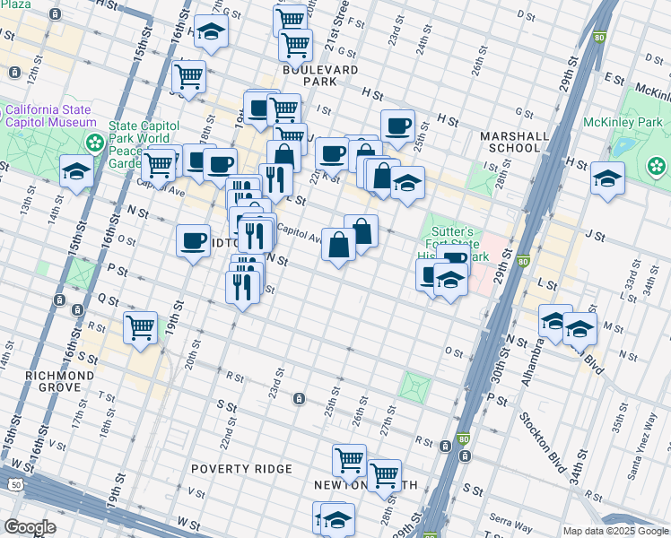 map of restaurants, bars, coffee shops, grocery stores, and more near 2310 N Street in Sacramento