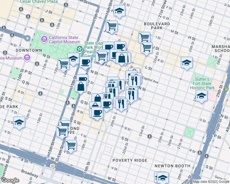 map of restaurants, bars, coffee shops, grocery stores, and more near 1519 19th Street in Sacramento
