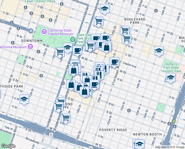 map of restaurants, bars, coffee shops, grocery stores, and more near 1801 P Street in Sacramento