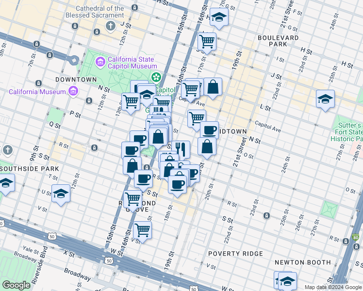 map of restaurants, bars, coffee shops, grocery stores, and more near 1705 P Street in Sacramento