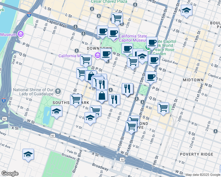 map of restaurants, bars, coffee shops, grocery stores, and more near 1213 R Street in Sacramento