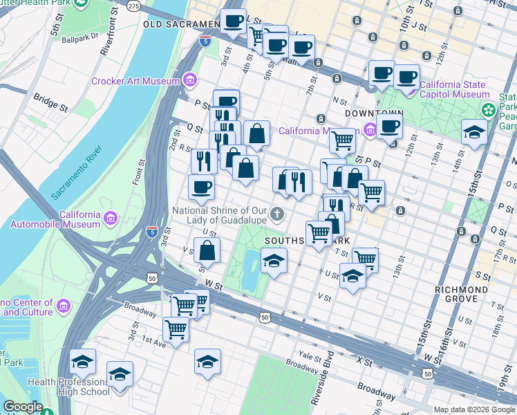 map of restaurants, bars, coffee shops, grocery stores, and more near 1921 6th Street in Sacramento