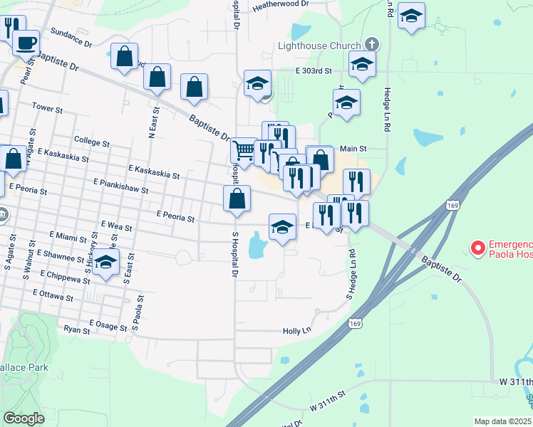 map of restaurants, bars, coffee shops, grocery stores, and more near 1120 East Peoria Street in Paola