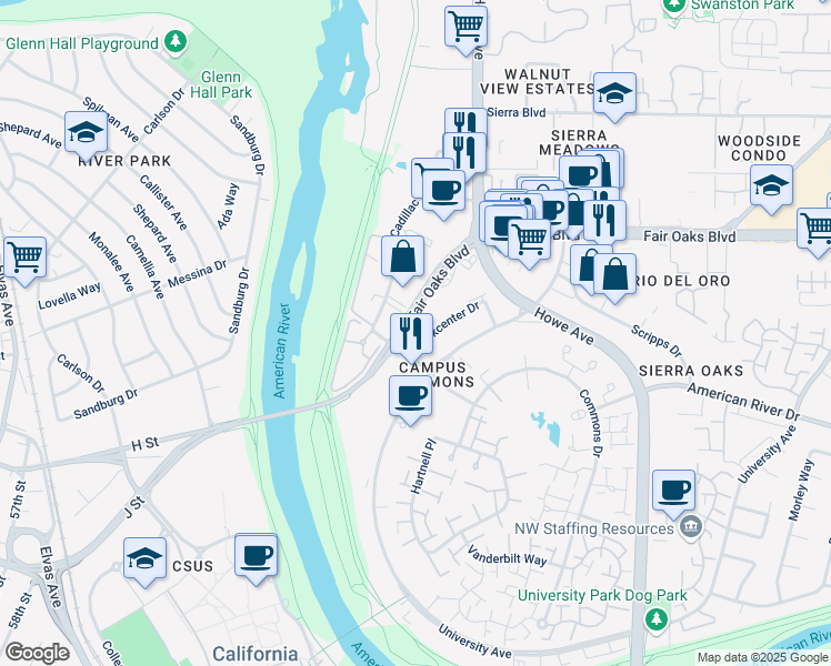 map of restaurants, bars, coffee shops, grocery stores, and more near 9 Park Center Dr in Sacramento