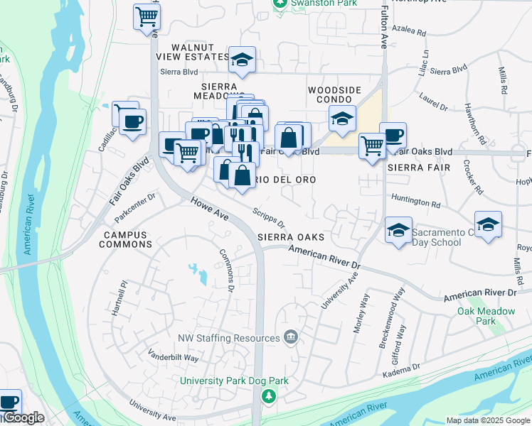 map of restaurants, bars, coffee shops, grocery stores, and more near 111 Scripps Dr in Sacramento