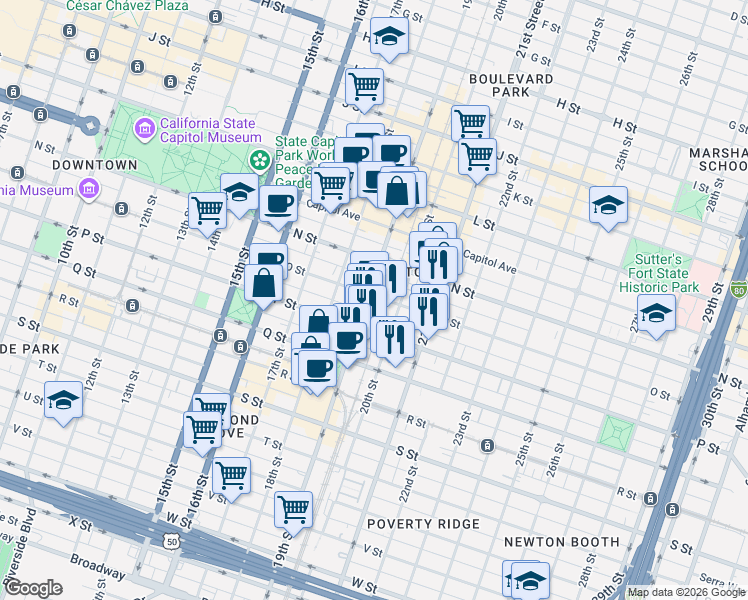 map of restaurants, bars, coffee shops, grocery stores, and more near 1900 O Street in Sacramento