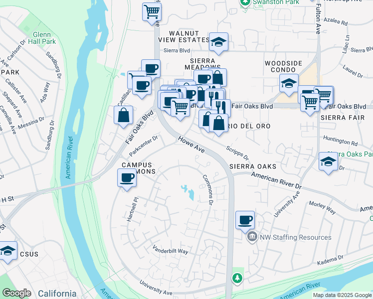 map of restaurants, bars, coffee shops, grocery stores, and more near 875 Commons Drive in Sacramento