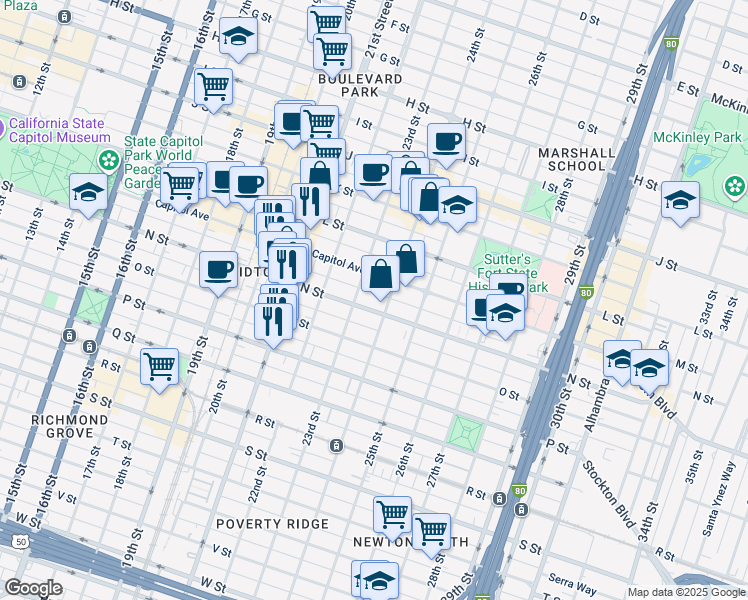 map of restaurants, bars, coffee shops, grocery stores, and more near 2317 N Street in Sacramento