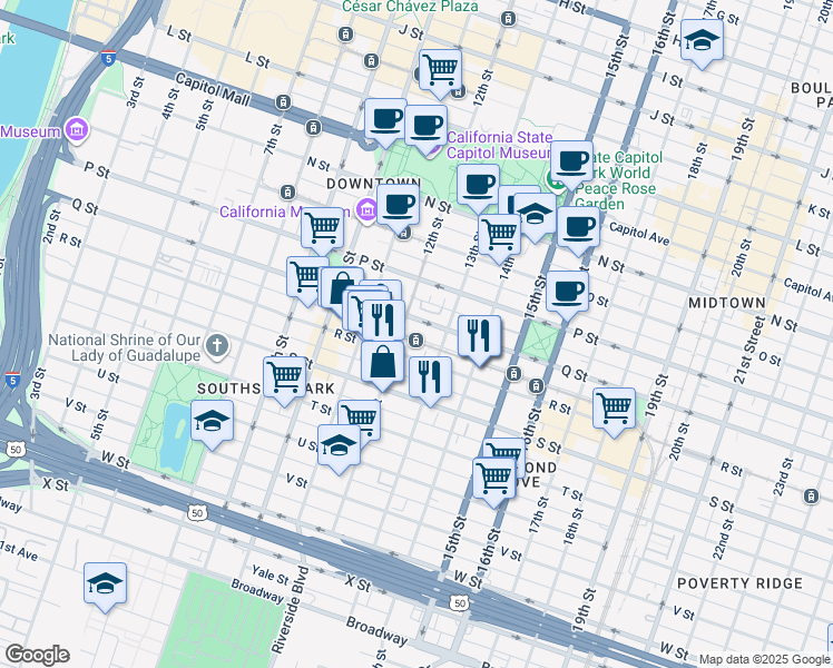 map of restaurants, bars, coffee shops, grocery stores, and more near 1213 R Street in Sacramento