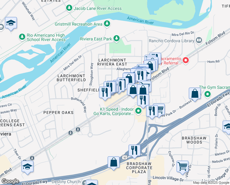map of restaurants, bars, coffee shops, grocery stores, and more near 9531e Folsom Boulevard in Sacramento