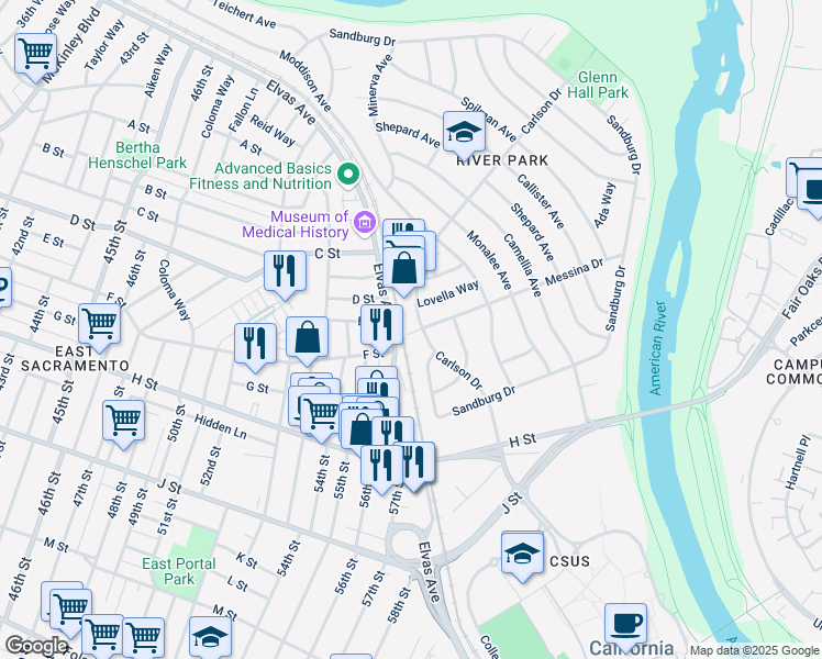 map of restaurants, bars, coffee shops, grocery stores, and more near 5497 Carlson Drive in Sacramento