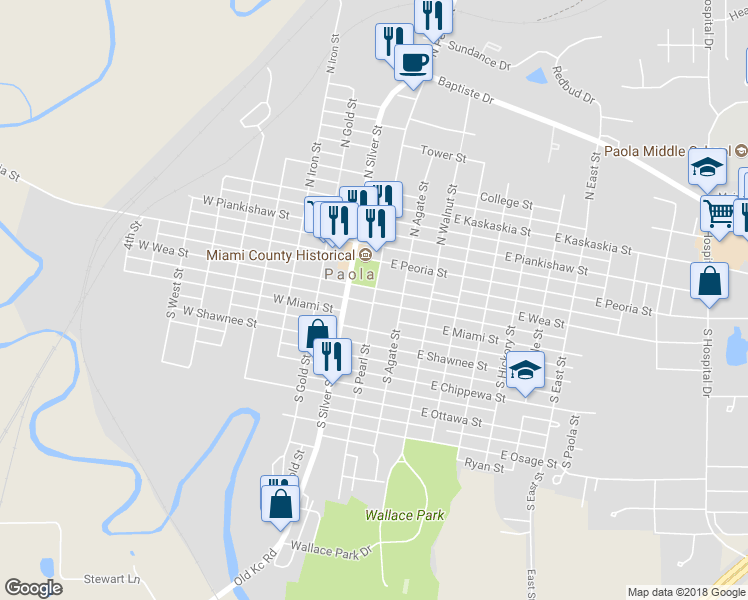map of restaurants, bars, coffee shops, grocery stores, and more near 133 South Pearl Street in Paola