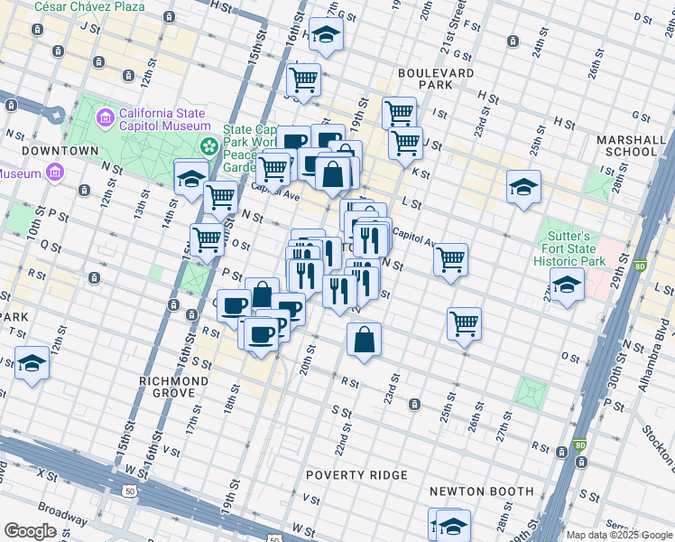 map of restaurants, bars, coffee shops, grocery stores, and more near in Sacramento
