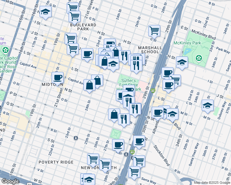 map of restaurants, bars, coffee shops, grocery stores, and more near 2600 Capitol Avenue in Sacramento