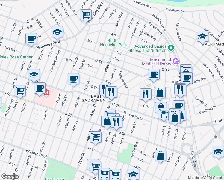 map of restaurants, bars, coffee shops, grocery stores, and more near 601 47th Street in Sacramento