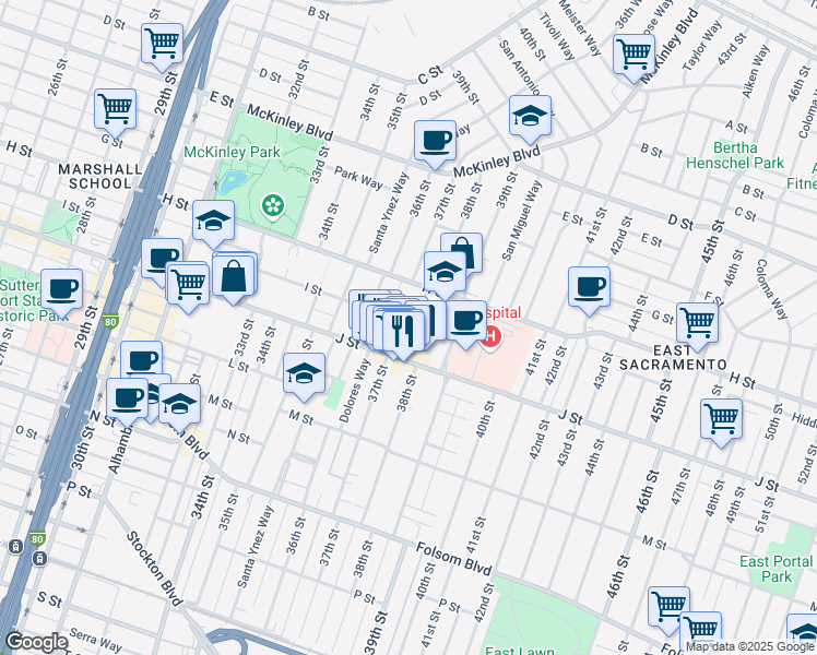 map of restaurants, bars, coffee shops, grocery stores, and more near 906 38th Street in Sacramento