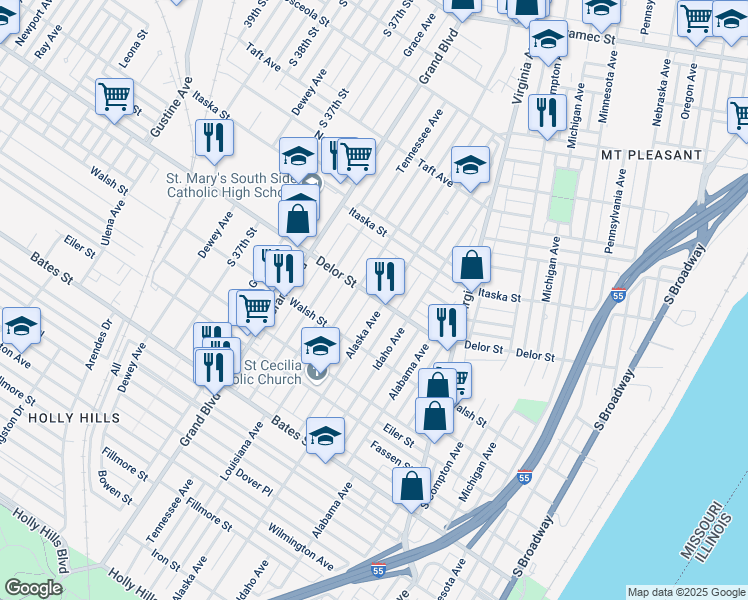map of restaurants, bars, coffee shops, grocery stores, and more near 3444 Delor Street in Saint Louis