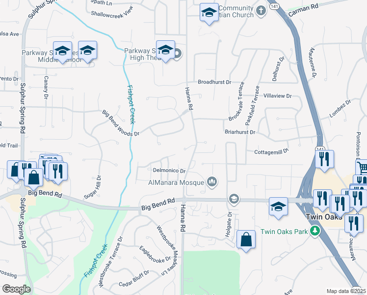 map of restaurants, bars, coffee shops, grocery stores, and more near 807 Hanna Court in Ballwin