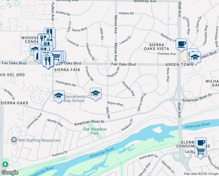 map of restaurants, bars, coffee shops, grocery stores, and more near 8531 Mills Road in Sacramento