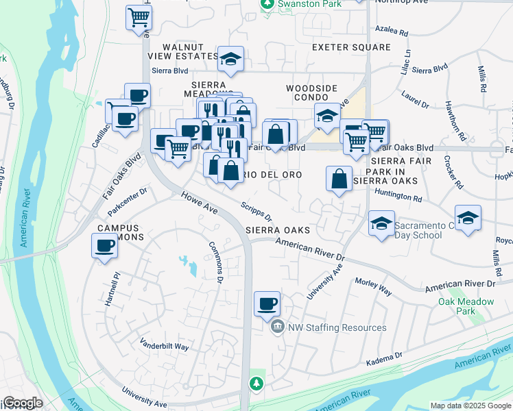map of restaurants, bars, coffee shops, grocery stores, and more near 111 Scripps Drive in Sacramento