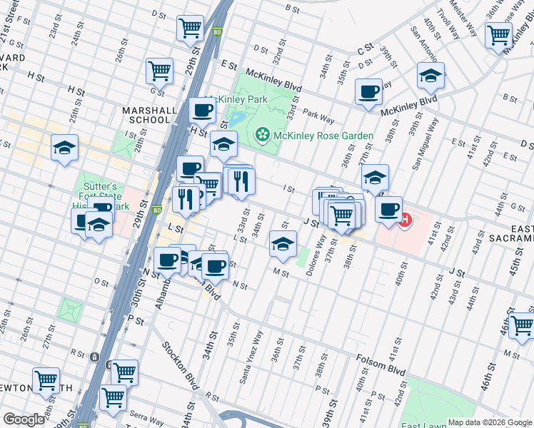 map of restaurants, bars, coffee shops, grocery stores, and more near 1034 Santa Barbara Street in Sacramento