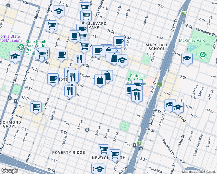 map of restaurants, bars, coffee shops, grocery stores, and more near 2405 N Street in Sacramento