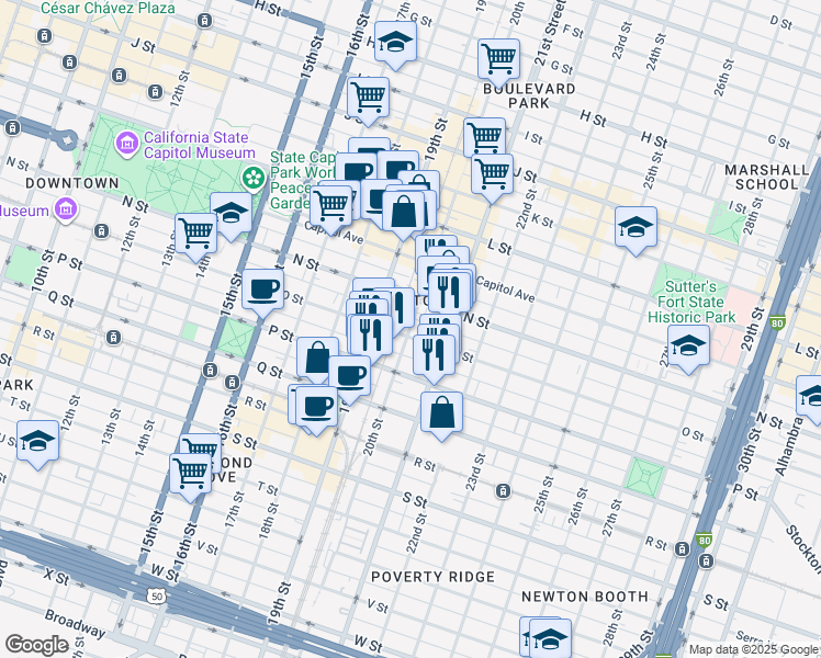 map of restaurants, bars, coffee shops, grocery stores, and more near in Sacramento