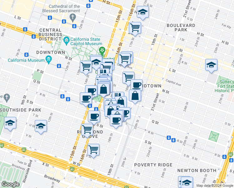 map of restaurants, bars, coffee shops, grocery stores, and more near 1705 P Street in Sacramento