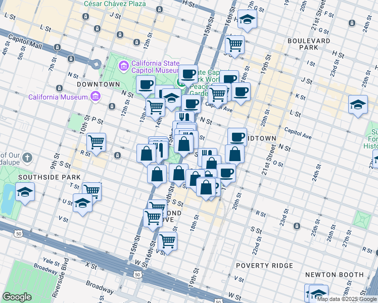 map of restaurants, bars, coffee shops, grocery stores, and more near 1609 16th Street in Sacramento