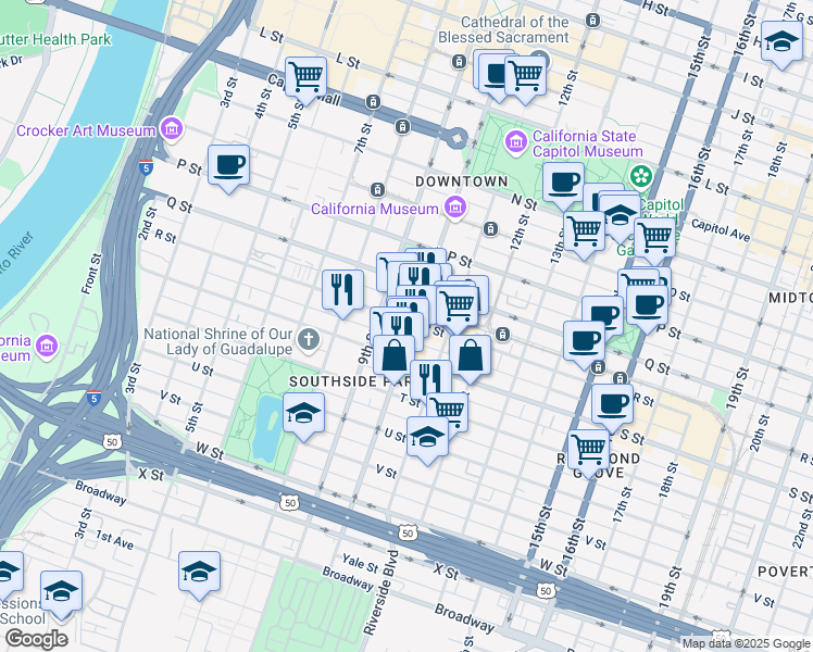 map of restaurants, bars, coffee shops, grocery stores, and more near 1815 10th Street in Sacramento