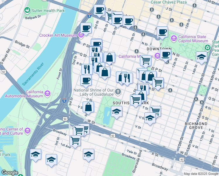 map of restaurants, bars, coffee shops, grocery stores, and more near 1921 6th Street in Sacramento