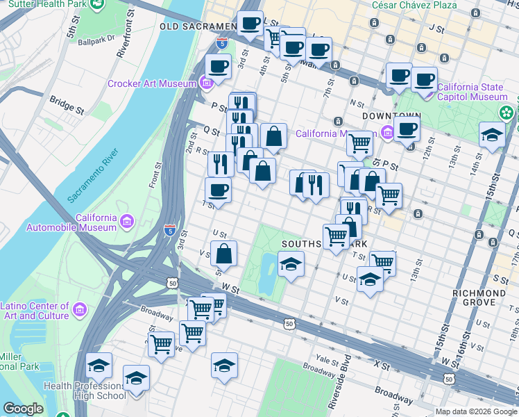 map of restaurants, bars, coffee shops, grocery stores, and more near 1921 6th Street in Sacramento