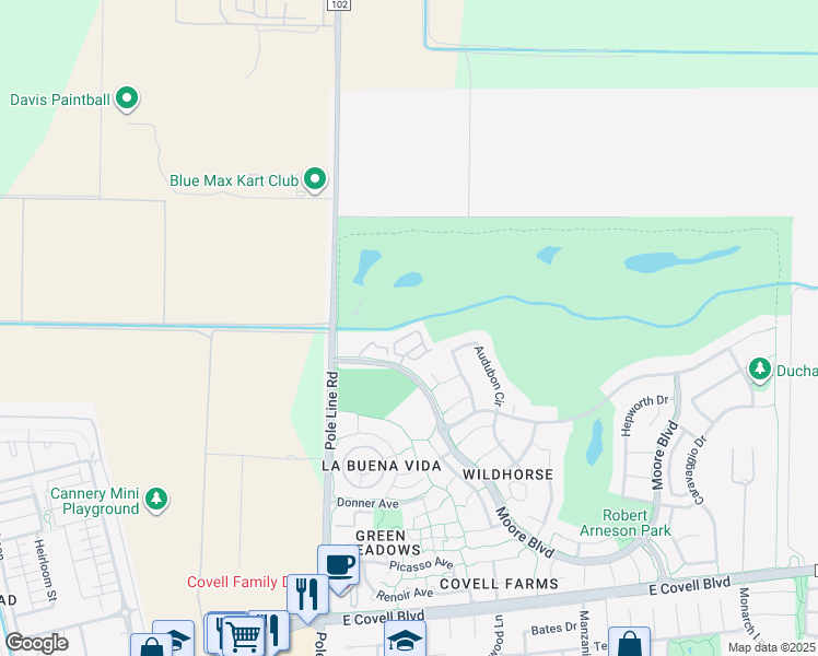 map of restaurants, bars, coffee shops, grocery stores, and more near 1818 Moore Boulevard in Davis