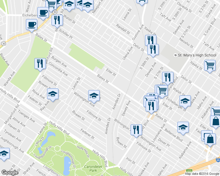 map of restaurants, bars, coffee shops, grocery stores, and more near 3847 Burgen Avenue in St. Louis