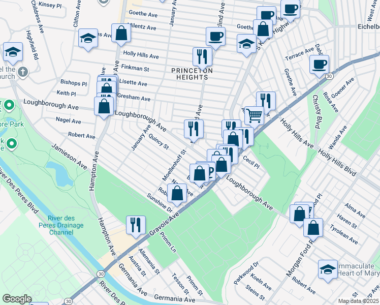map of restaurants, bars, coffee shops, grocery stores, and more near 4981 Quincy Street in St. Louis