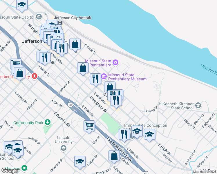 map of restaurants, bars, coffee shops, grocery stores, and more near 210-212 Cherry Street in Jefferson City
