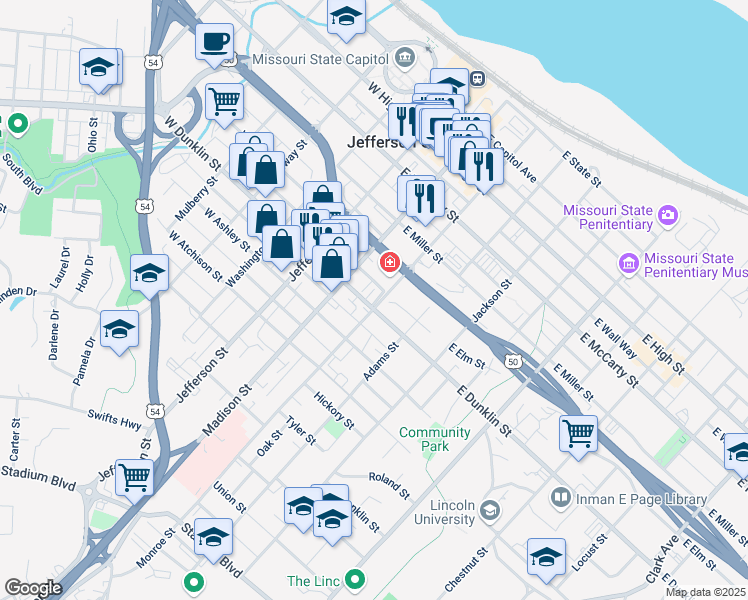 map of restaurants, bars, coffee shops, grocery stores, and more near 226 East Dunklin Street in Jefferson City
