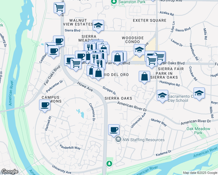 map of restaurants, bars, coffee shops, grocery stores, and more near 111 Scripps Drive in Sacramento