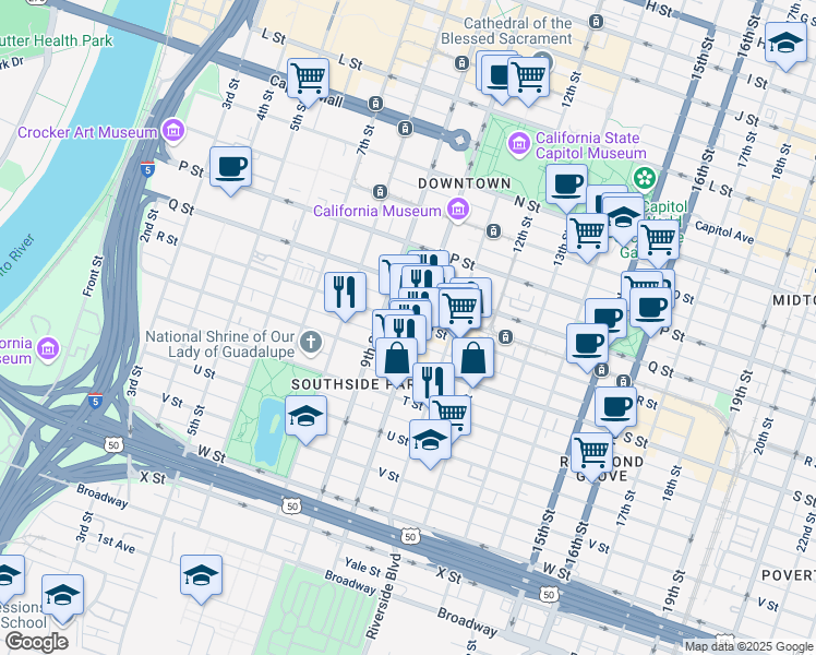 map of restaurants, bars, coffee shops, grocery stores, and more near 930 R Street in Sacramento
