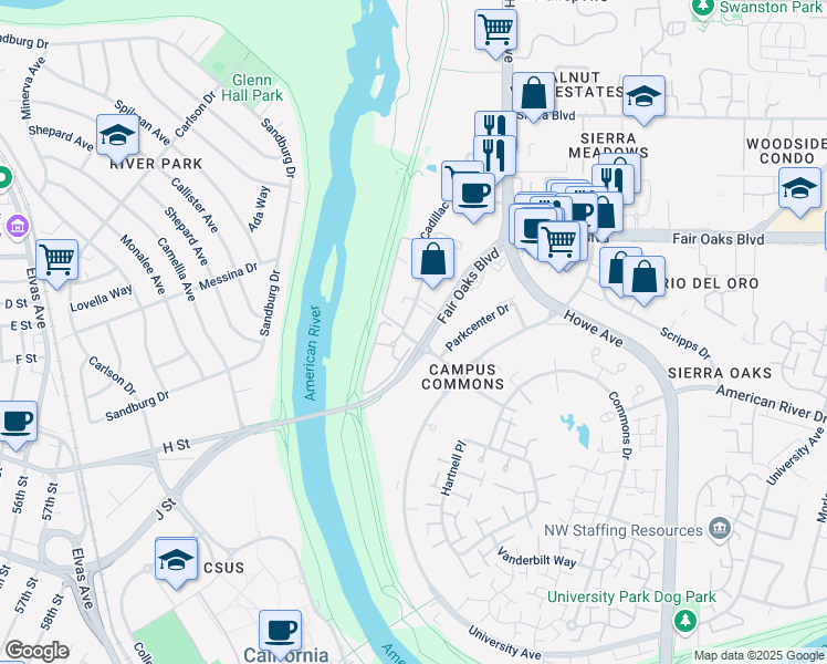 map of restaurants, bars, coffee shops, grocery stores, and more near 195 Cadillac Drive in Sacramento