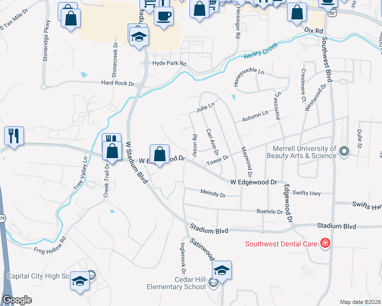 map of restaurants, bars, coffee shops, grocery stores, and more near 2301 West Edgewood Drive in Jefferson City