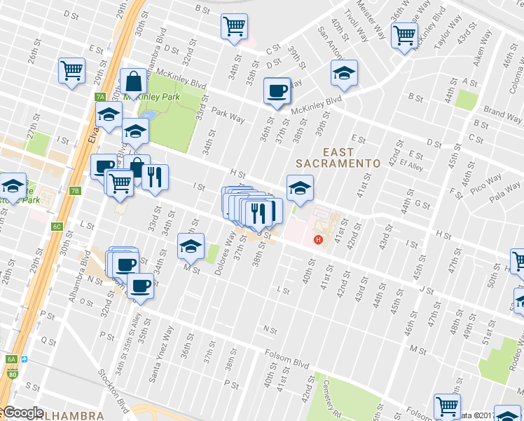 map of restaurants, bars, coffee shops, grocery stores, and more near 3701 J Street in Sacramento