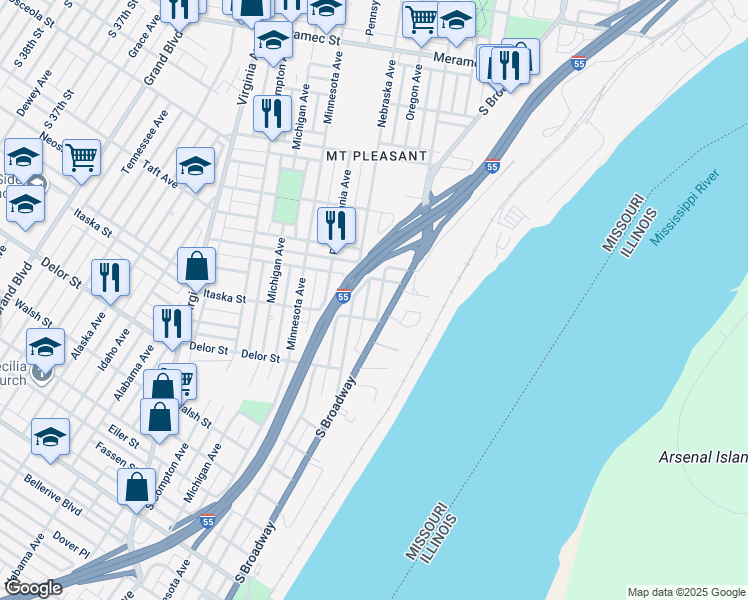 map of restaurants, bars, coffee shops, grocery stores, and more near 4637 Oregon Avenue in St. Louis