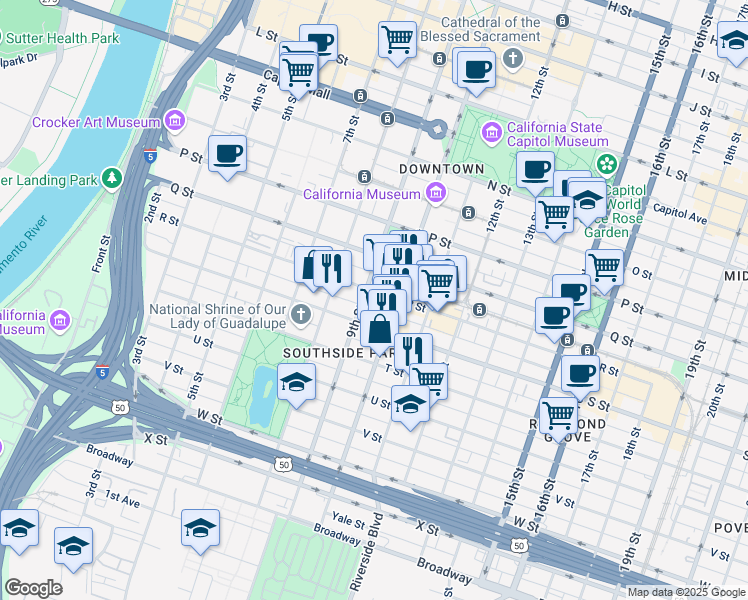 map of restaurants, bars, coffee shops, grocery stores, and more near 915 S Street in Sacramento