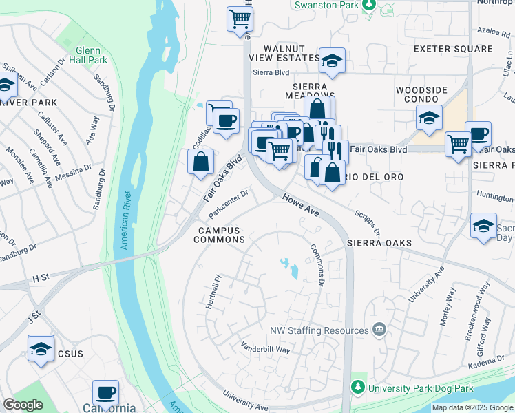 map of restaurants, bars, coffee shops, grocery stores, and more near 301 University Avenue in Sacramento