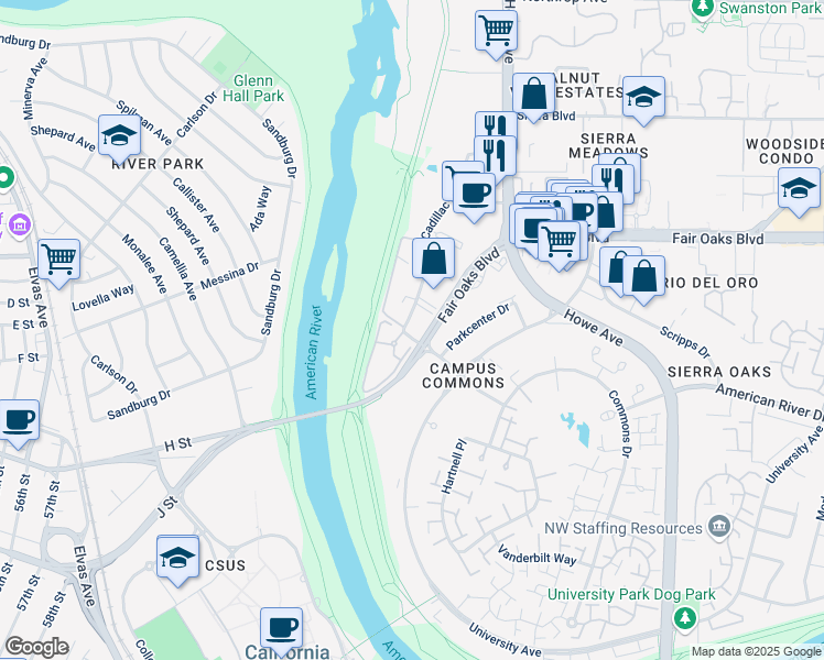 map of restaurants, bars, coffee shops, grocery stores, and more near in Sacramento