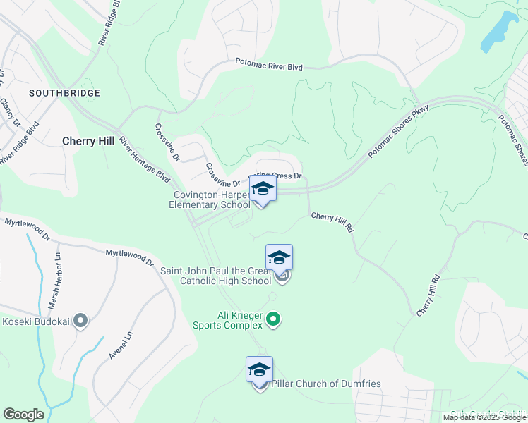 map of restaurants, bars, coffee shops, grocery stores, and more near 2500 River Heritage Boulevard in Dumfries