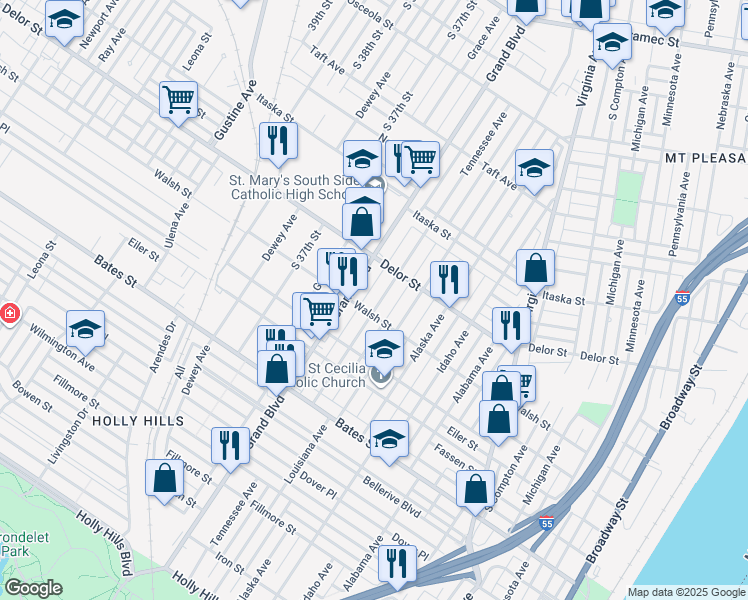map of restaurants, bars, coffee shops, grocery stores, and more near 5045 Tennessee Avenue in St. Louis