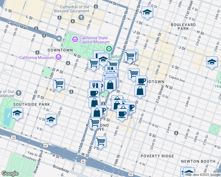 map of restaurants, bars, coffee shops, grocery stores, and more near 16th St & P St in Sacramento