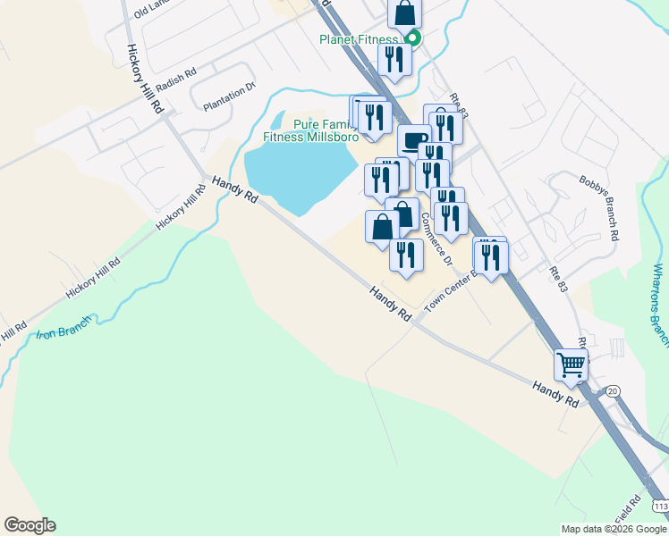 map of restaurants, bars, coffee shops, grocery stores, and more near 26280 Handy Road in Millsboro